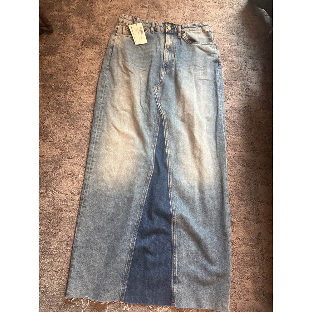 3x1 NYC Charlotte Denim Maxi Skirt Ciel Blue Two Tone Raw Hem Size 29 NEW